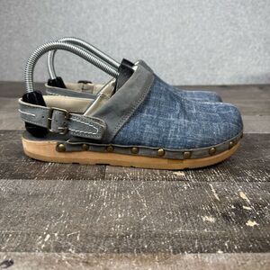 Kalso Earth Shoes Shanti womens 8 slip on Denim Fabric, Leather Studded Clog Mul